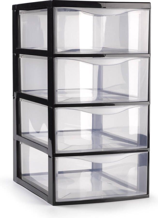 Forte Plastics Plasticforte Ladeblokje bureau organizer 4x lades transparant zwart L18 x B25 x H33 cm Ladeblok