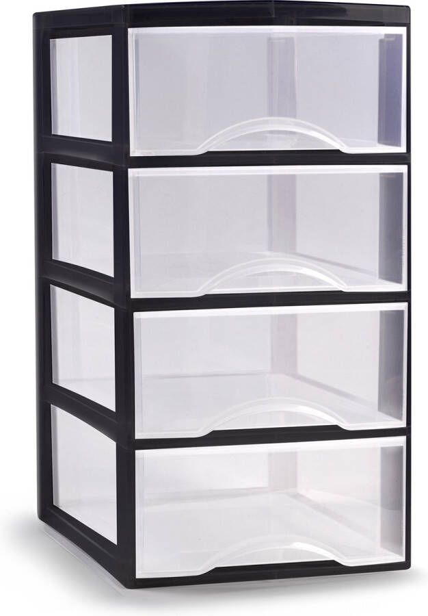 Forte Plastics Plasticforte Ladeblokje bureau organizer 4x lades transparant zwart L26 x B36 x H49 cm Ladeblok