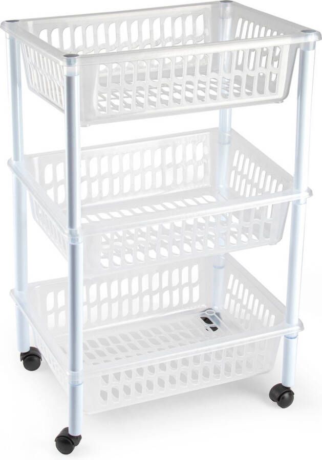 Forte Plastics Opberg organiser trolleys roltafels met 3 manden 62 cm in het transparant Etagewagentje karretje met opbergkratten