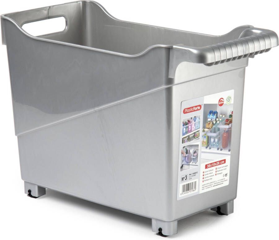 Forte Plastics Plasticforte opberg Trolley Container zilver op wieltjes L38 x B18 x H26 cm kunststof Opberg trolley