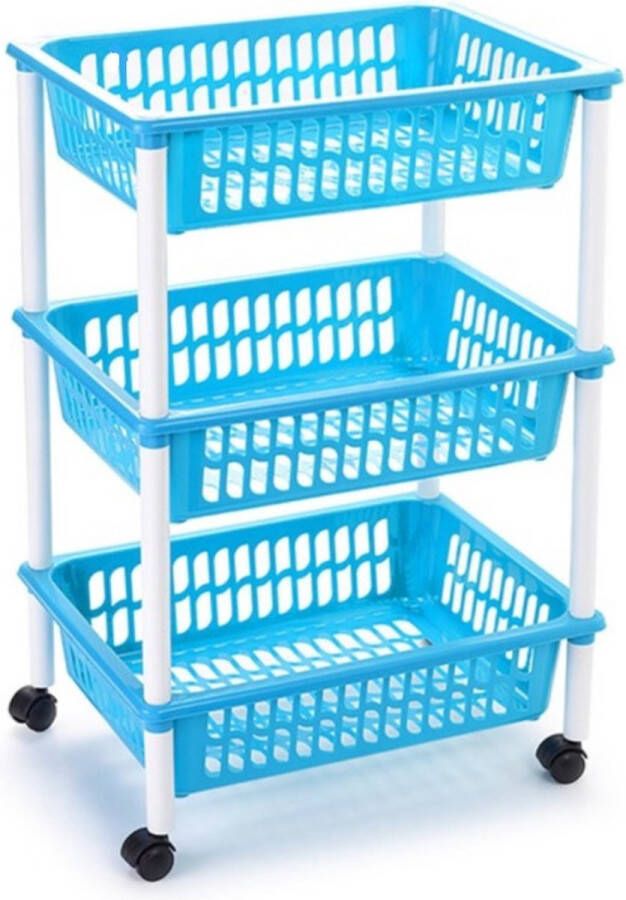 Forte Plastics Opberg trolley roltafel organizer met 3 manden 40 x 30 x 61 5 cm wit lichtblauw Etagewagentje karretje met opbergkratten