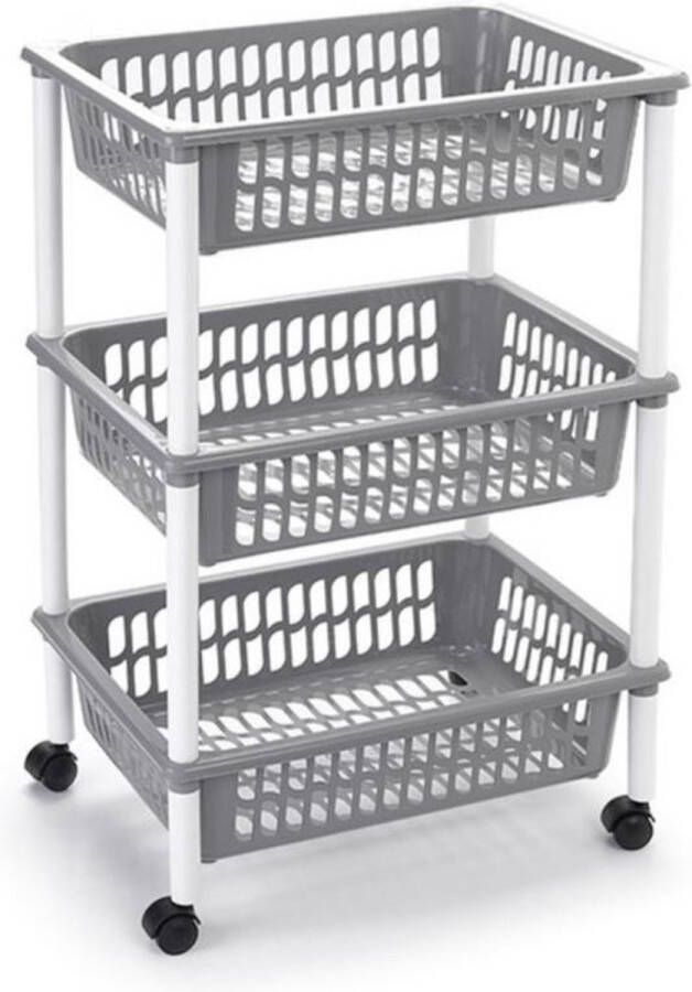 PLASTICFORTE Opberg trolley roltafel organizer met 3 manden 40 x 30 x 61 5 cm wit lichtgrijs Etagewagentje karretje met opbergkratten