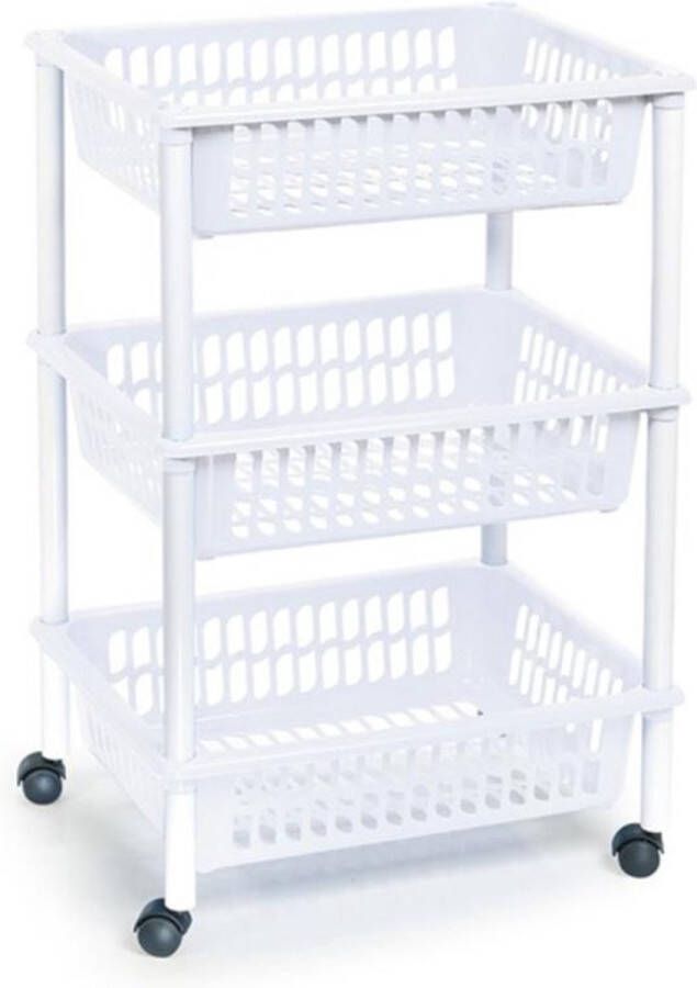 PLASTICFORTE Opberg trolley roltafel organizer met 3 manden 40 x 30 x 61 5 cm wit wit Etagewagentje karretje met opbergkratten