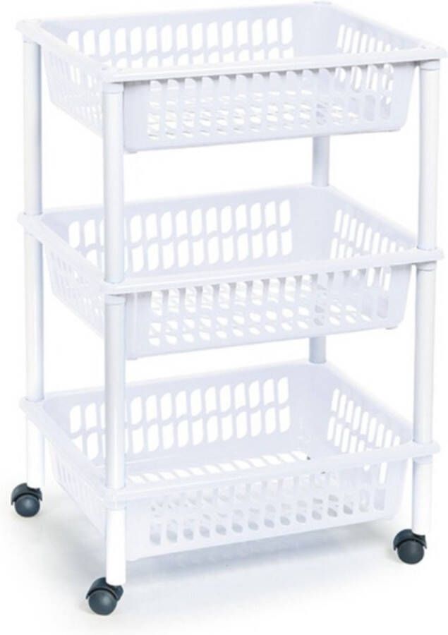 Forte Plastics Opberg trolley roltafel organizer met 3 manden 40 x 30 x 61 5 cm wit wit Etagewagentje karretje met opbergkratten
