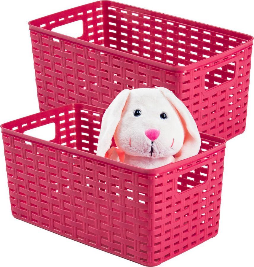PLASTICFORTE Opbergmand 2x Kastmand rotan kunststof fuchsia roze 5 Liter 15 x 28 x 13 cm