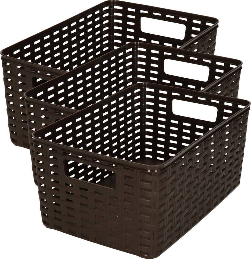 Forte Plastics Plasticforte Opbergmand 3x Kastmand rotan kunststof donkerbruin 6 Liter 19 x 29 x 13 cm Opbergmanden