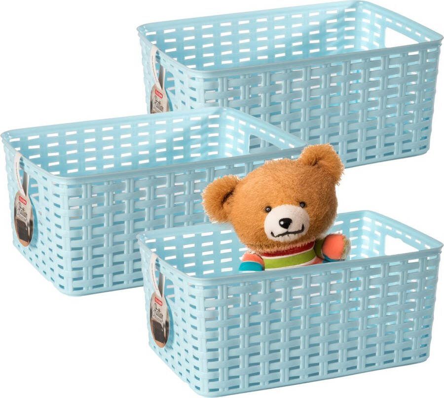 PLASTICFORTE Opbergmand 3x Kastmand rotan kunststof ijsblauw 10 Liter 22 x 33 x 16 cm