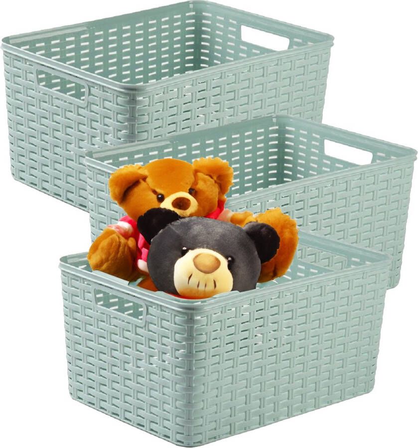PLASTICFORTE Opbergmand 3x Kastmand rotan kunststof mintgroen 18 Liter 29 x 39 x 20 cm