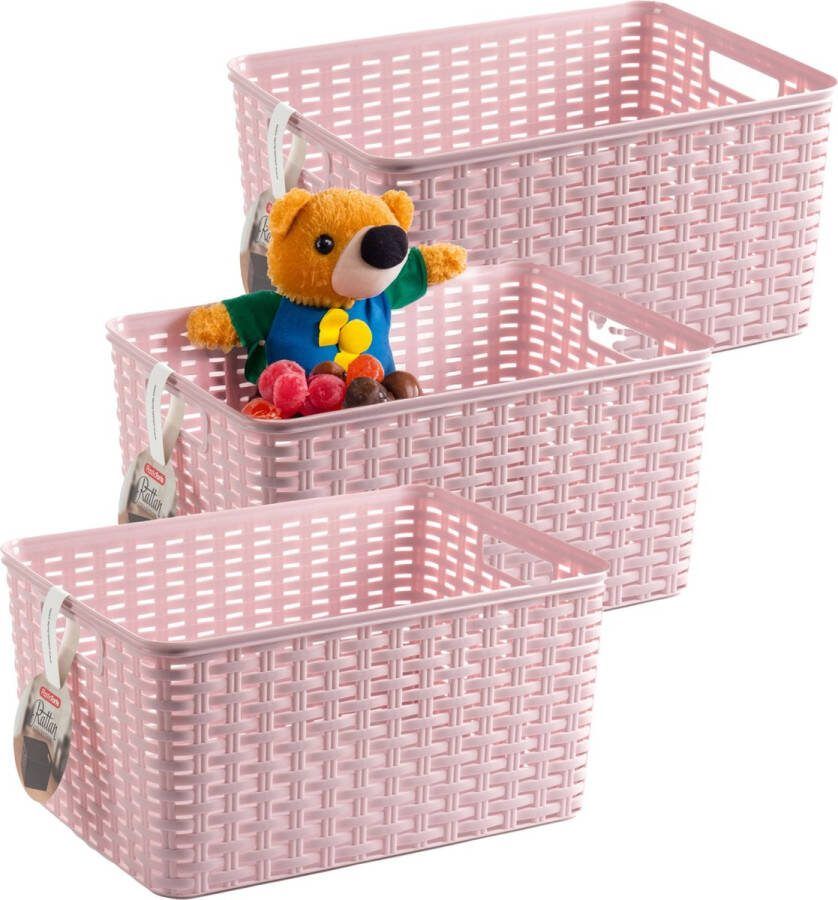 PLASTICFORTE Opbergmand 3x Kastmand rotan kunststof roze 18 Liter 29 x 39 x 20 cm