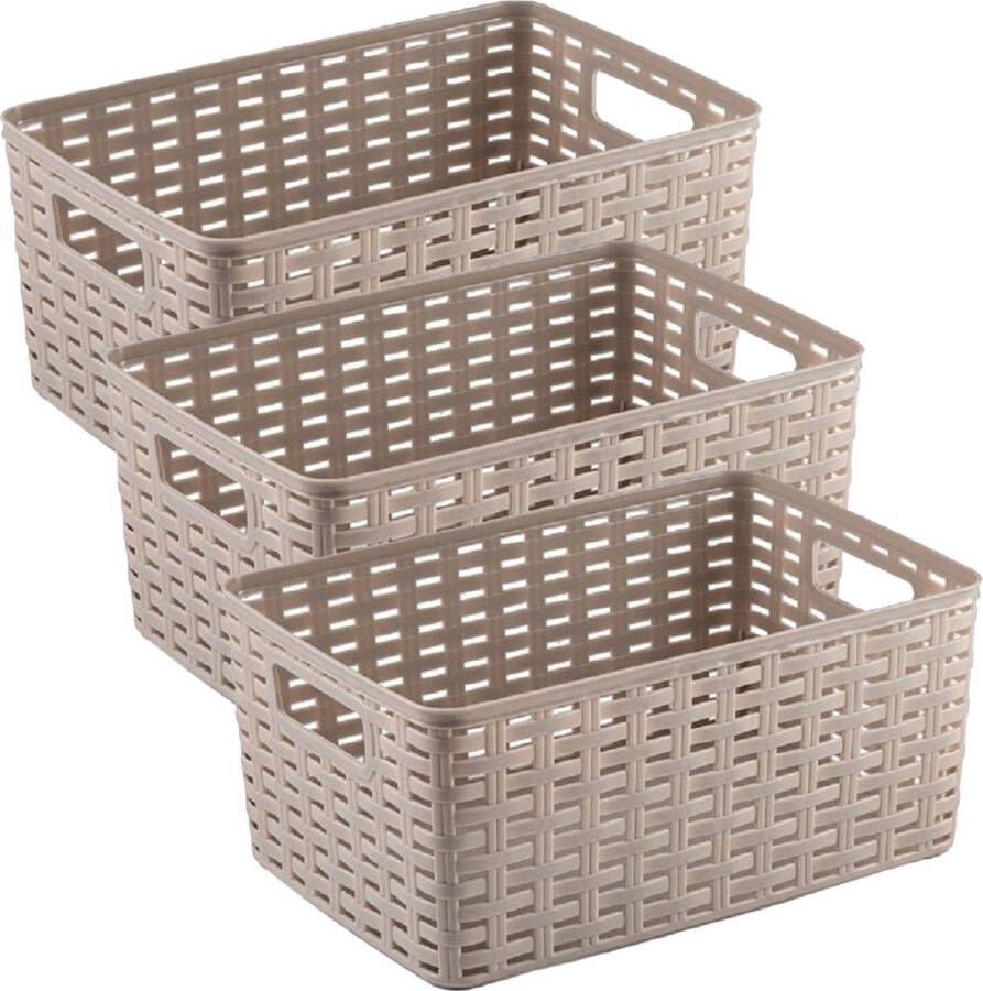 Forte Plastics Plasticforte Opbergmand 3x Kastmand rotan kunststof taupe 6 Liter 19 x 29 x 13 cm Opbergmanden