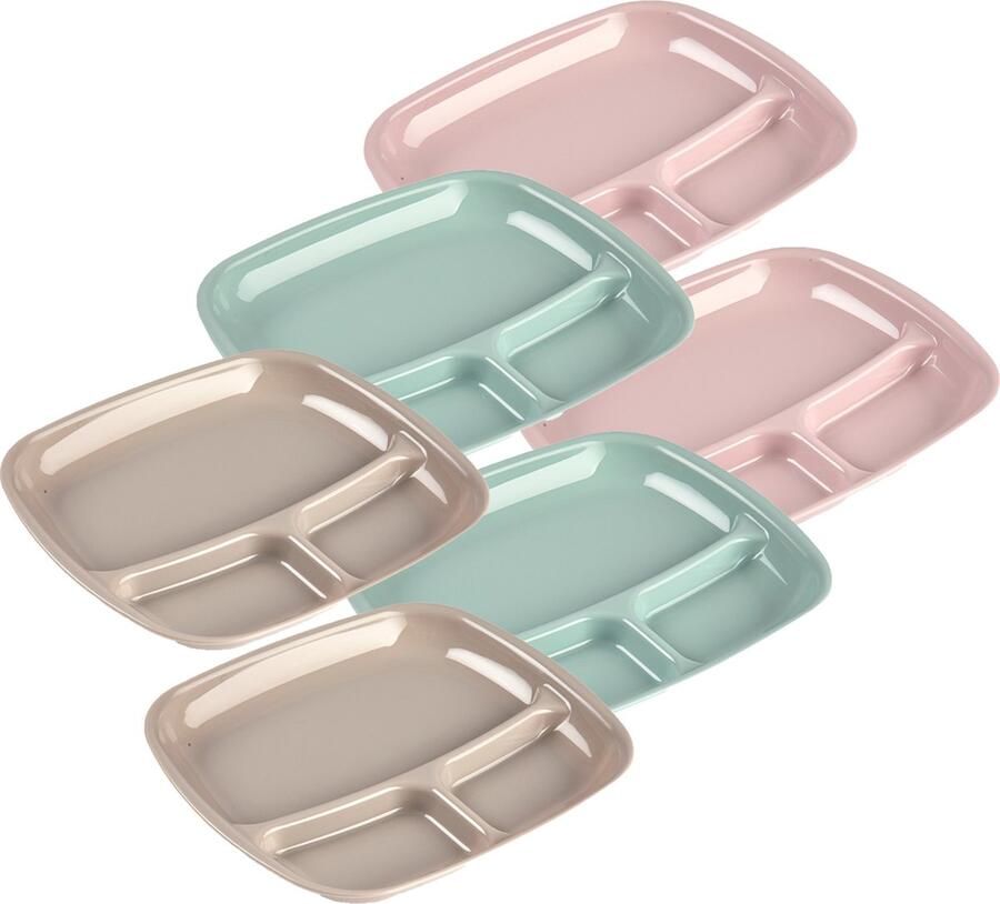 PLASTICFORTE Gourmet fondue camping dinerborden 9x stuks 3 vaks kunststof 21 x 24 cm kleurenmix