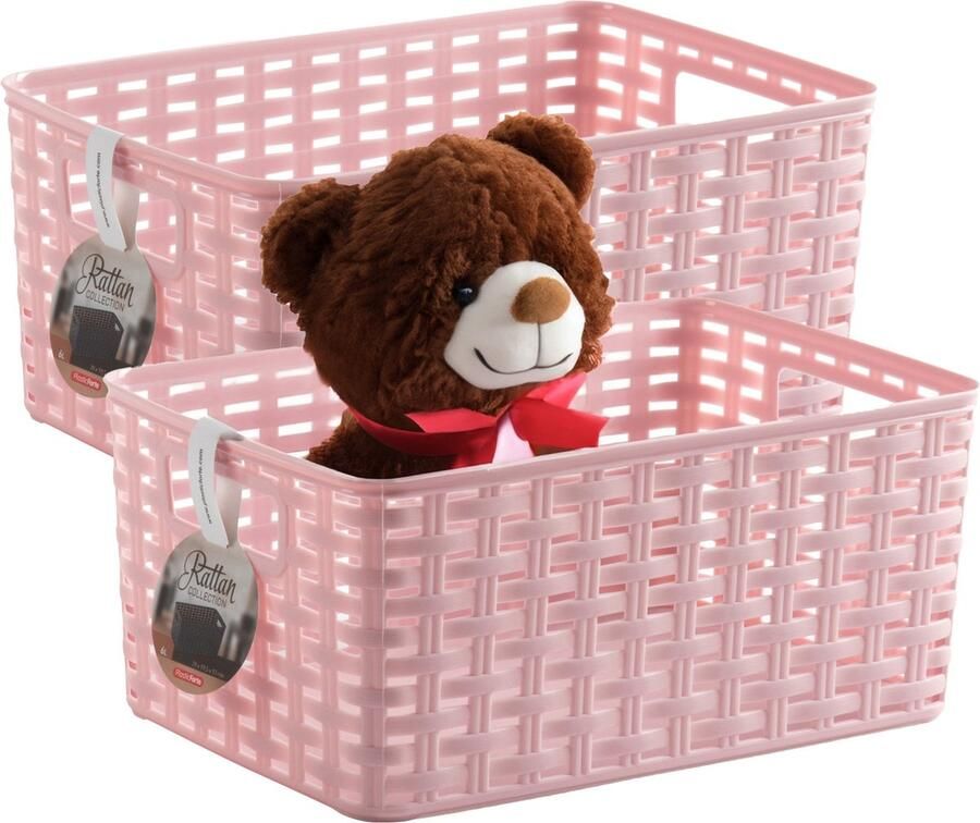 PLASTICFORTE Opbergmand 2x Kastmand rotan kunststof roze 10 Liter 22 x 33 x 16 cm