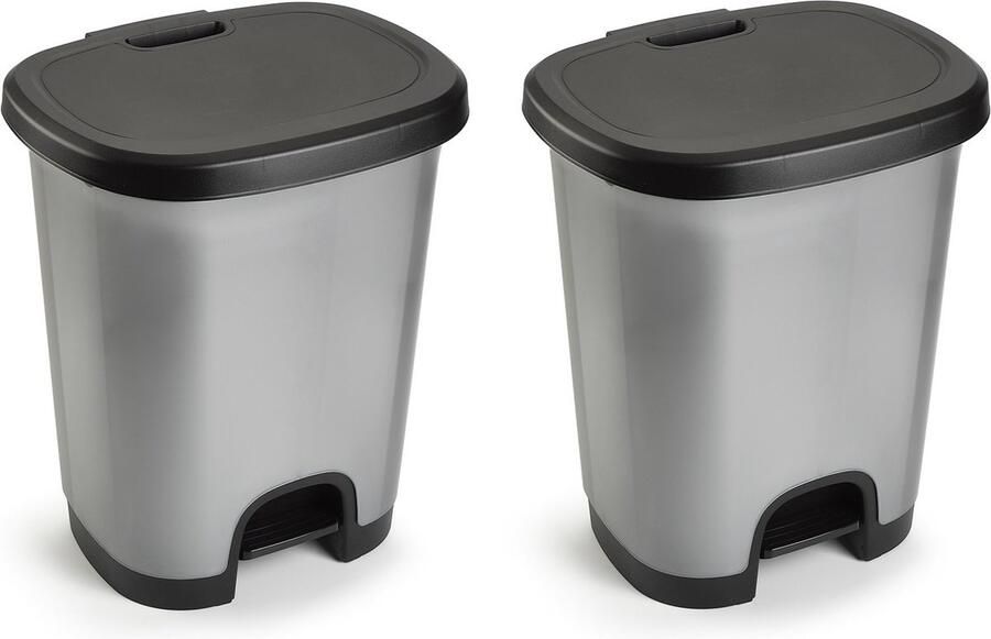 PLASTICFORTE Set van 2x stuks kunststof afvalemmers vuilnisemmers pedaalemmers in het zilver zwart van 27 liter met deksel en pedaal. 38 x 32 x 45 cm