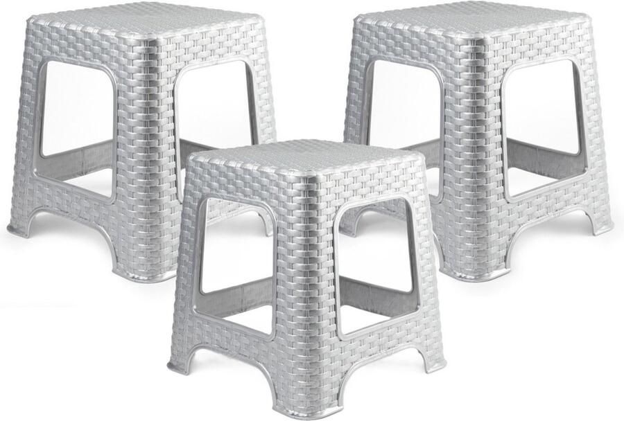 PLASTICFORTE zit krukje 3x Rotan line zilvergrijs kunststof 32 x 32 x 30 cm kinder krukjes