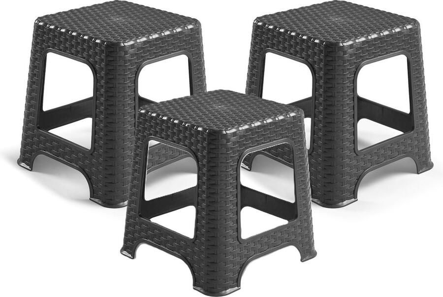 PLASTICFORTE zit krukje 3x Rotan line zwart kunststof 32 x 32 x 30 cm kinder krukjes
