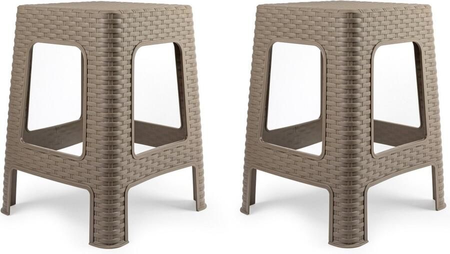 PLASTICFORTE zit bijzet krukje 2x Rotan line taupe kunststof 36 x 36 x 45 cm opstapje