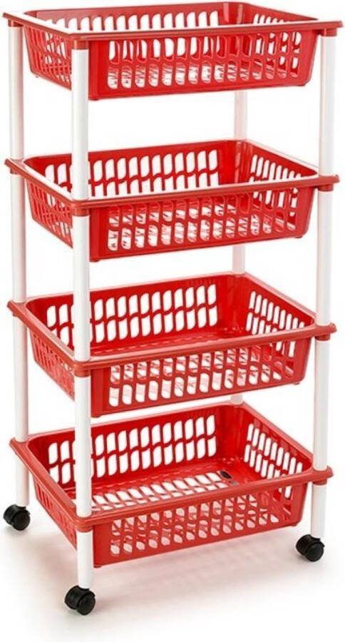PLASTICFORTE Rode opberg trolley roltafel met 4 manden 40 x 50 x 85 cm Etagewagentje karretje met opbergkratten