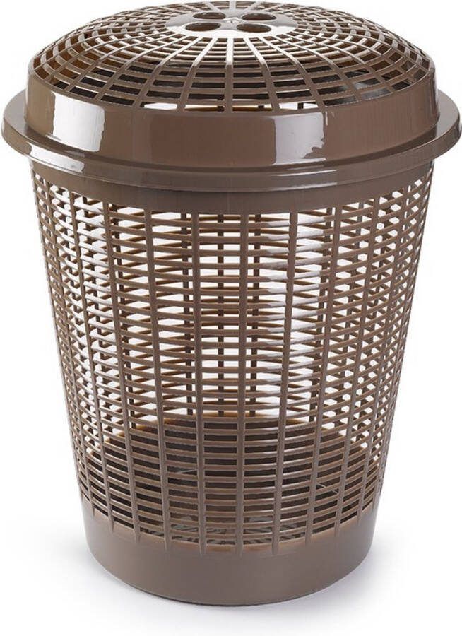 PLASTICFORTE Ronde wasmanden opberg mand met deksel 50 liter in het taupe lichtbruin Opbergmanden kunststof wasmanden