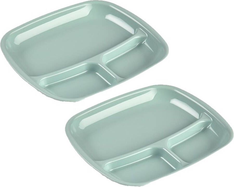 Forte Plastics Set van 2x stuks camping fondu bbq kunststof borden 3-vaks groen 21 x 24 cm Fonduebord Gourmetbord Barbecuebord