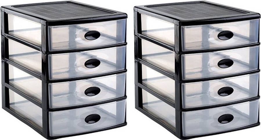 Forte Plastics Set van 2x stuks Forteplastics Ladeblok met 4x lades zwart transparant 35 5 x 27 x 35 cm Opbergers