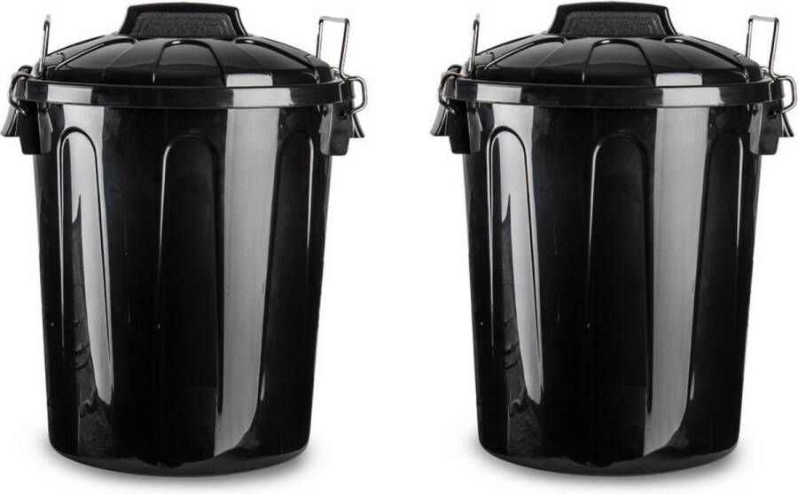 PLASTICFORTE Set van 2x stuks kunststof afvalemmers vuilnisemmers in het zwart van 21 liter met deksel Vuilnisbakken prullenbakken Kantoor keuken