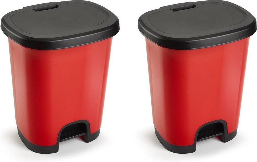 PLASTICFORTE Set van 2x stuks kunststof afvalemmers vuilnisemmers pedaalemmers in het rood zwart van 27 liter met deksel en pedaal. 38 x 32 x 45 cm