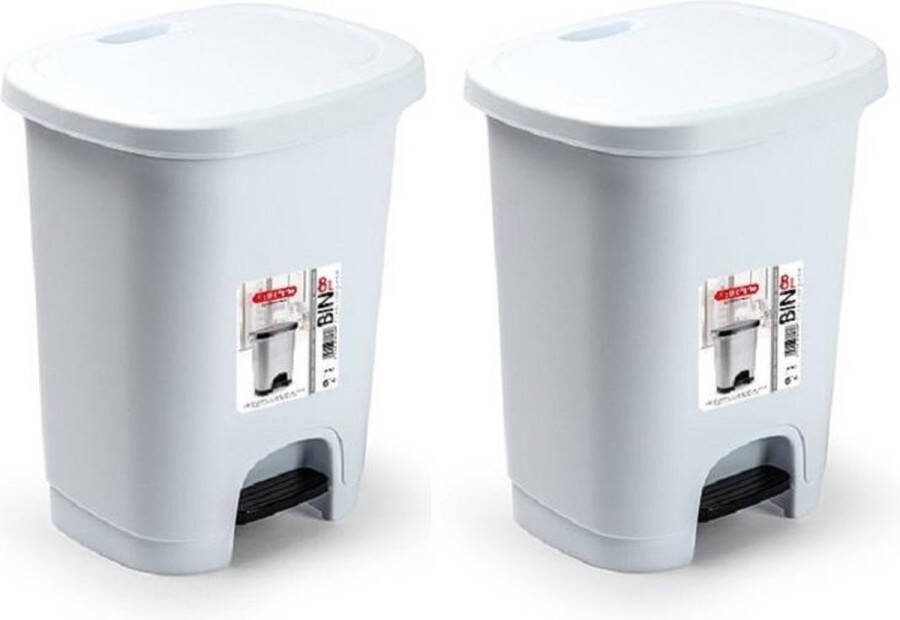 PLASTICFORTE Set van 2x stuks kunststof afvalemmers vuilnisemmers pedaalemmers in het wit van 8 liter met deksel en pedaal. 25 x 21 x 30 cm