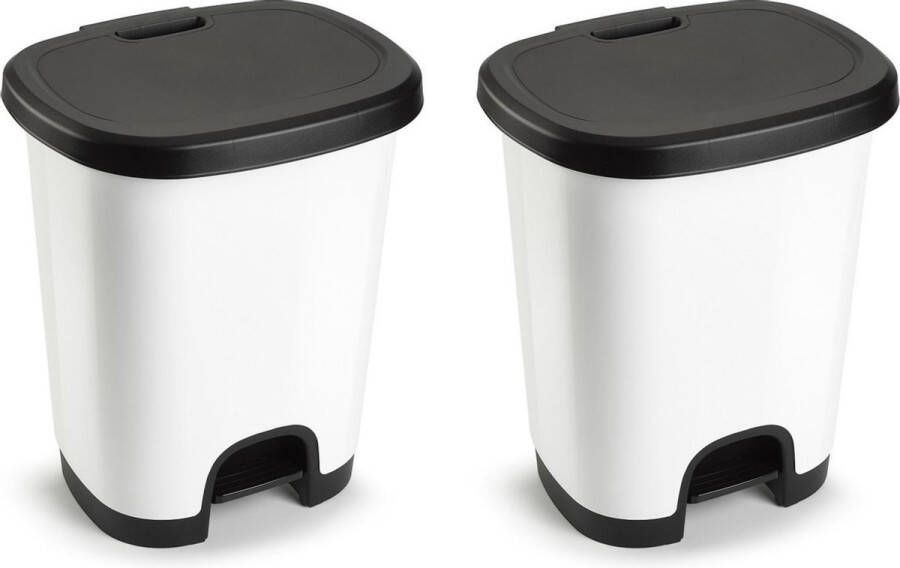 PLASTICFORTE Set van 2x stuks kunststof afvalemmers vuilnisemmers pedaalemmers in het wit zwart van 27 liter met deksel en pedaal. 38 x 32 x 45 cm