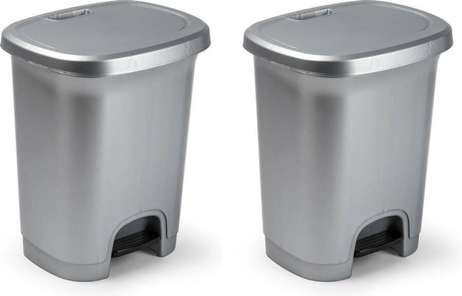 PLASTICFORTE Set van 2x stuks kunststof afvalemmers vuilnisemmers pedaalemmers in het zilver van 8 liter met deksel en pedaal. 25 x 21 x 30 cm