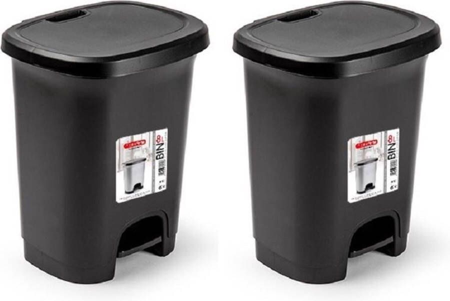 PLASTICFORTE Set van 2x stuks kunststof afvalemmers vuilnisemmers pedaalemmers in het zwart van 8 liter met deksel en pedaal. 25 x 21 x 30 cm