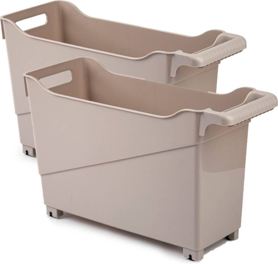 Forte Plastics Set van 2x stuks kunststof trolleys licht bruin op wieltjes L45 x B17 x H29 cm Voorraad opberg boxen bakken