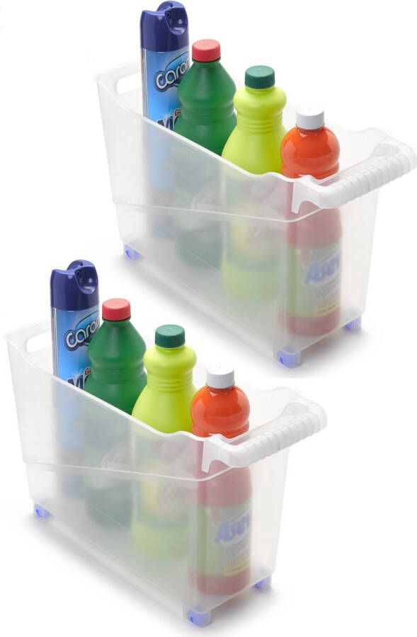 Forte Plastics Set van 2x stuks kunststof trolleys transparant op wieltjes L45 x B17 x H29 cm Voorraad opberg boxen bakken