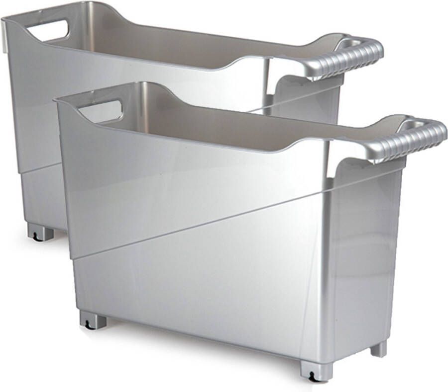 Forte Plastics Set van 2x stuks kunststof trolleys zilver op wieltjes L45 x B17 x H29 cm Voorraad opberg boxen bakken