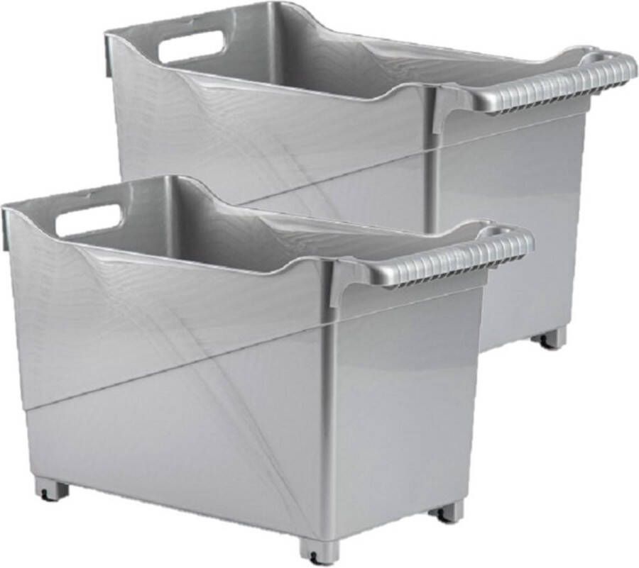 Forte Plastics Set van 2x stuks kunststof trolleys zilver op wieltjes L45 x B24 x H27 cm Voorraad opberg boxen bakken