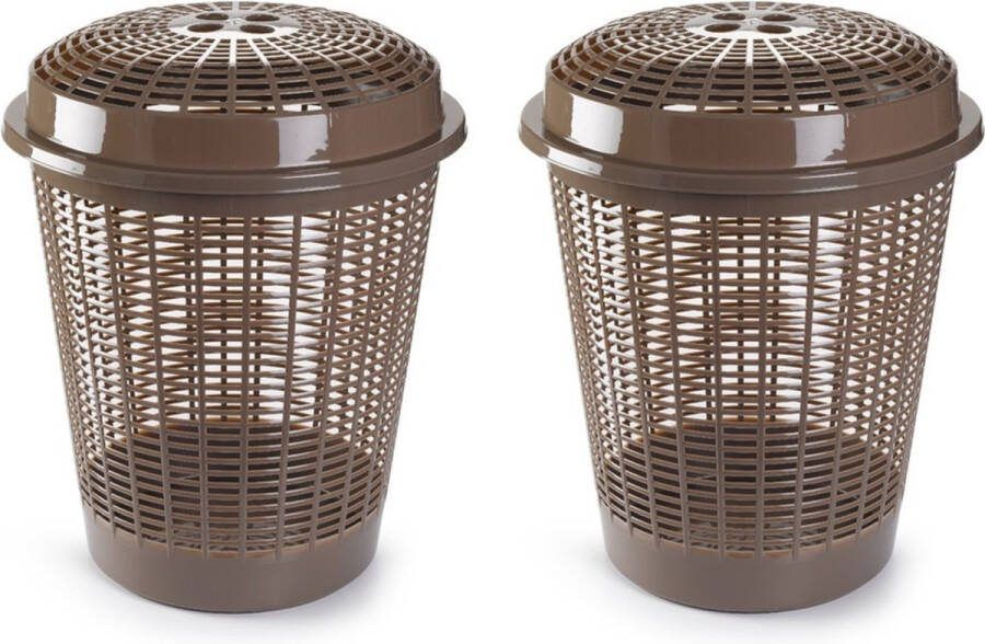 PLASTICFORTE Set van 2x stuks ronde wasmanden opberg mand met deksel 50 liter in het taupe lichtbruin Opbergmanden kunststof wasmanden