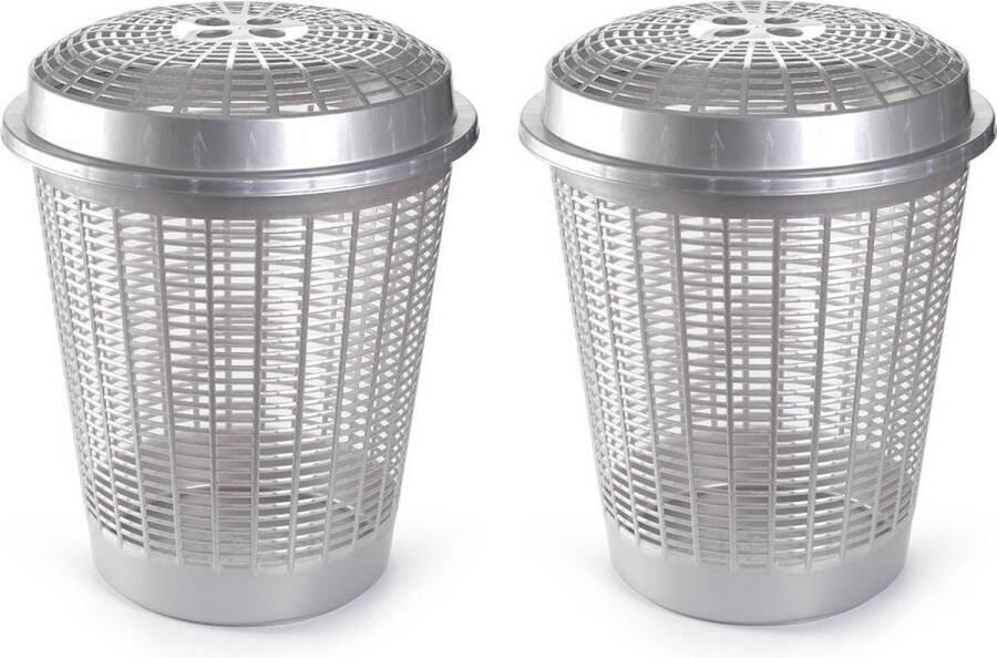 PLASTICFORTE Set van 2x stuks ronde wasmanden opberg mand met deksel 50 liter in het zilver Opbergmanden kunststof wasmanden