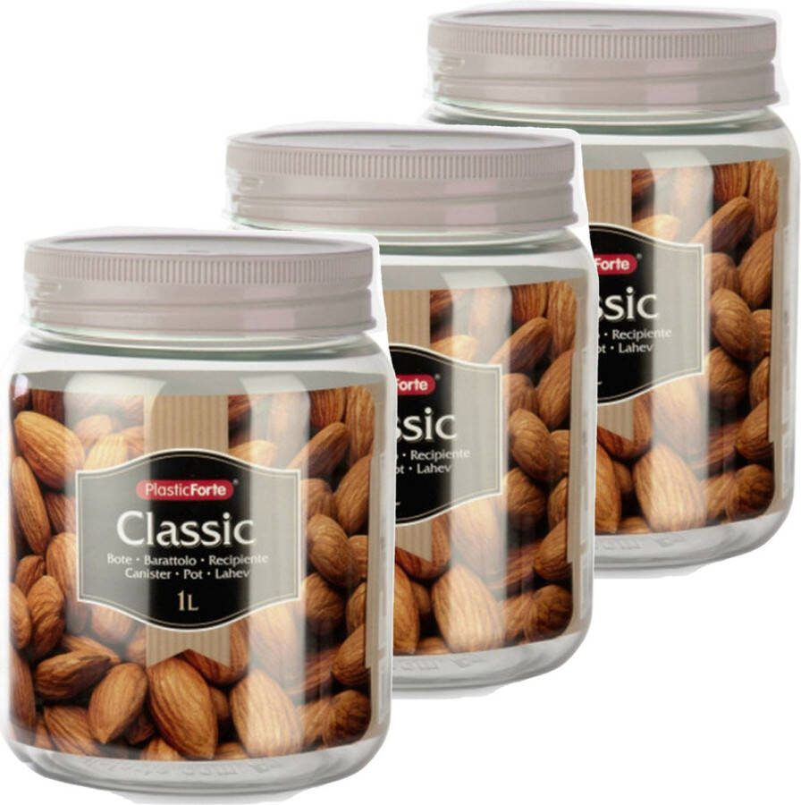 Forte Plastics Set van 4x stuks kunststof keuken voorraadpot weckpot taupe 1 liter met deksel Formaat: 11 x 14 cm
