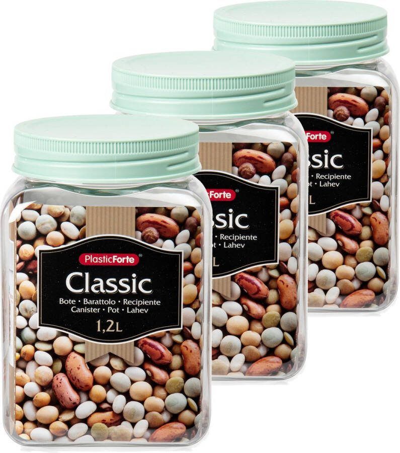 Forte Plastics Set van 6x stuks kunststof keuken voorraadpot weckpot mintgroen 1.2 liter met deksel Formaat: 10 x 15 cm