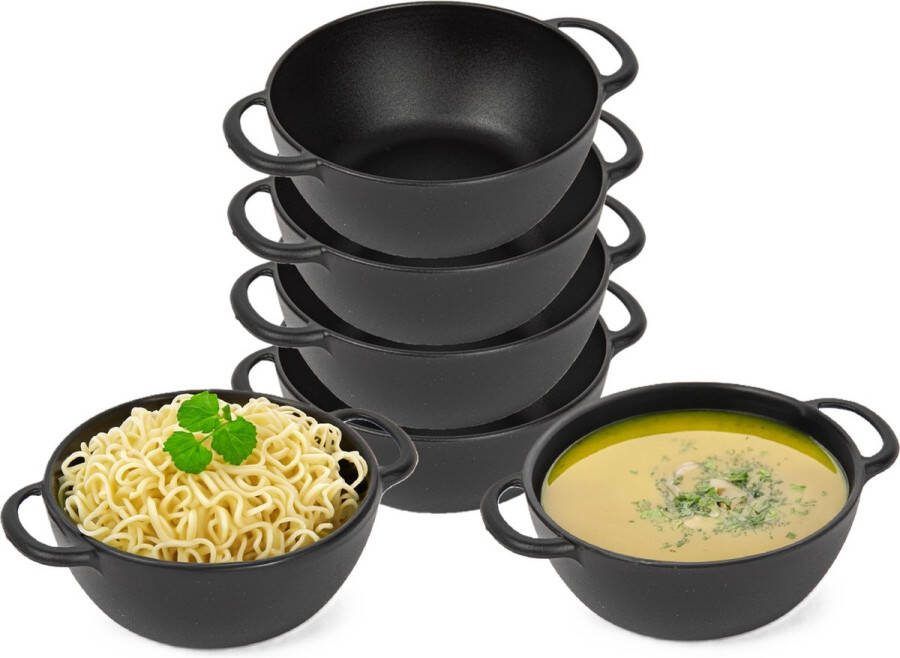 PLASTICFORTE Soepkommen met hengsels 12x Campinglife kunststof D11 x H5 cm 370 ml zwart stapelbaar onbreekbaar