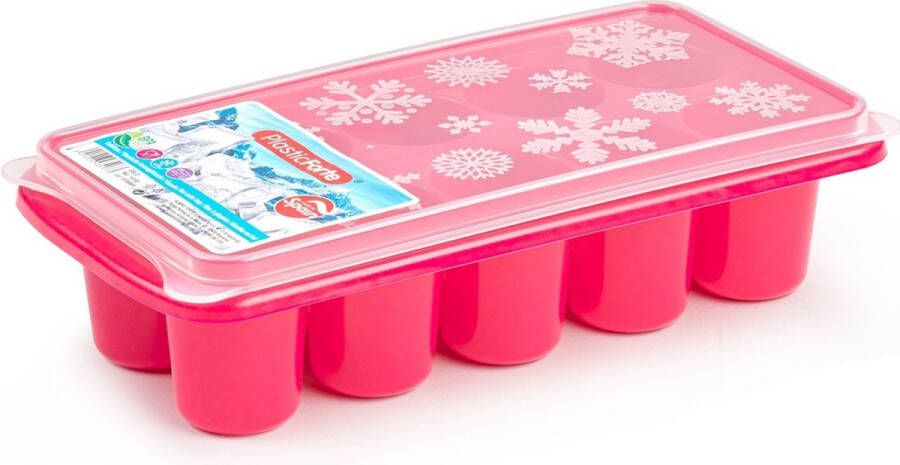 Forte Plastics Tray met dikke grote ronde blokken van 6.5 cm ijsblokjes ijsklontjes vormpjes 10 vakjes kunststof roze met afsluit deksel