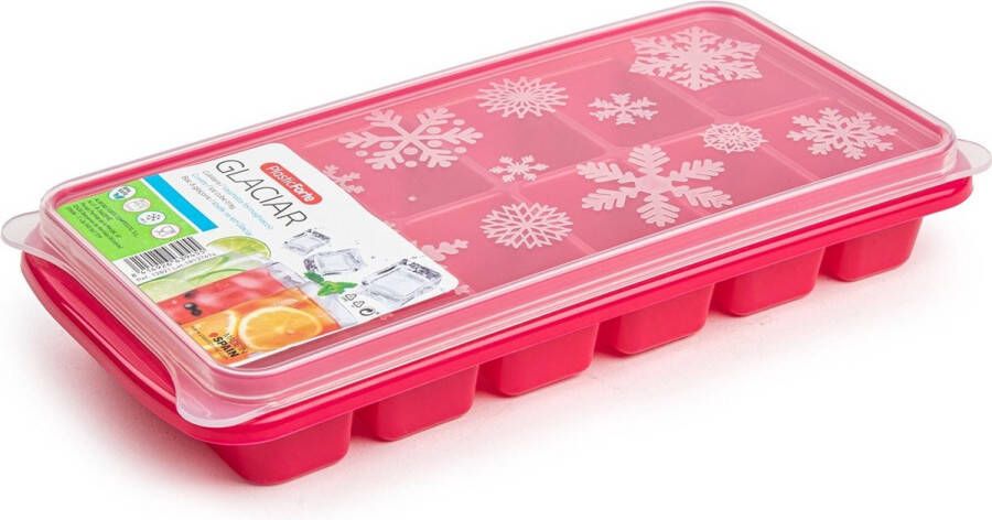 Forte Plastics Tray met ijsblokjes ijsklontjes vormpjes 12 vakjes kunststof roze met deksel IJsblokjesvormen