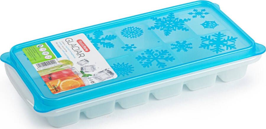 Forte Plastics Tray met ijsblokjes ijsklontjes vormpjes 12 vakjes kunststof wit met blauwe deksel IJsblokjesvormen