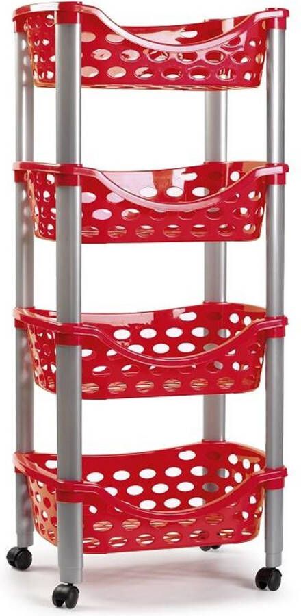 PLASTICFORTE Trolley keukentrolley op wieltjes 4-laags rood kunststof 40 x 88 cm opbergtrolley