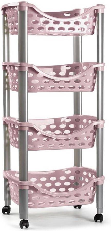 PLASTICFORTE Trolley keukentrolley op wieltjes 4-laags roze kunststof 40 x 88 cm opbergtrolley