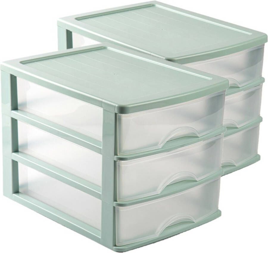 Forte Plastics Voordeelset van 2x stuks kleine organiser ladeblokje met 3x lades van kunststof 35 x 27 x 26 cm groen transparant