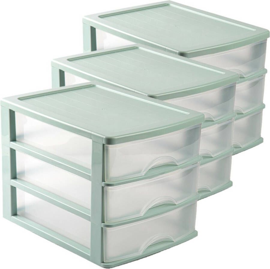 Forte Plastics Voordeelset van 3x stuks kleine organiser ladeblokje met 3x lades van kunststof 35 x 27 x 26 cm groen transparant