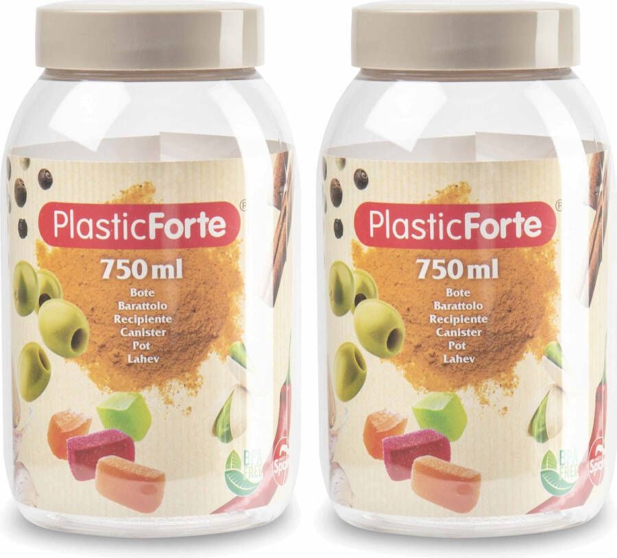 Forte Plastics Voorraadpot bewaarpot 2x 750 ml kunststof beige B9 x H15 cm Voorraadpot