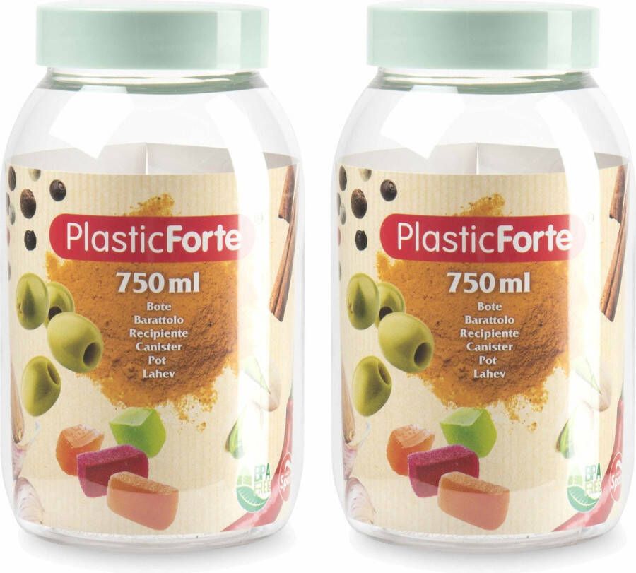 Forte Plastics Voorraadpot bewaarpot 2x 750 ml kunststof mint groen B9 x H15 cm Voorraadpot