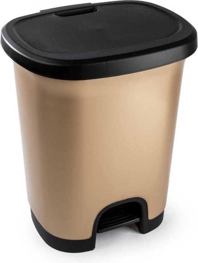 Forte Plastics Kunststof afvalemmers vuilnisemmers pedaalemmers in het goudkleur zwart van 27 liter met deksel en pedaal. 38 x 32 x 45 cm