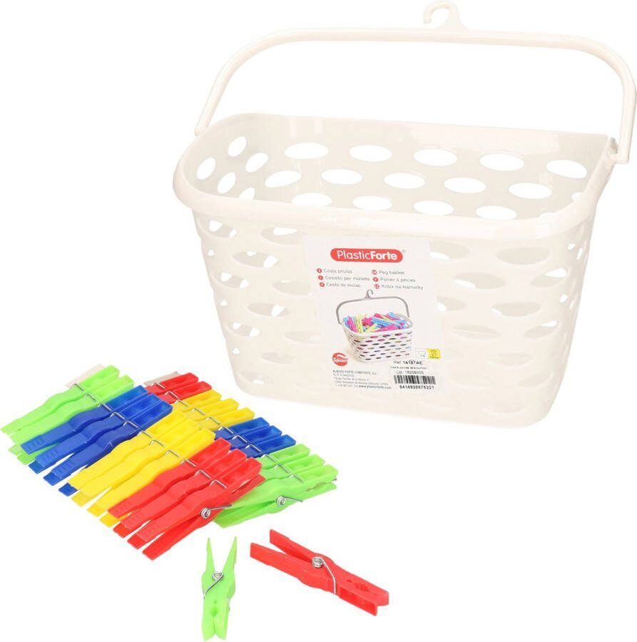 Forte Plastics Plasticforte Wasknijpers ophang mandje bakje creme wit met 72x plastic knijpers knijperszakken
